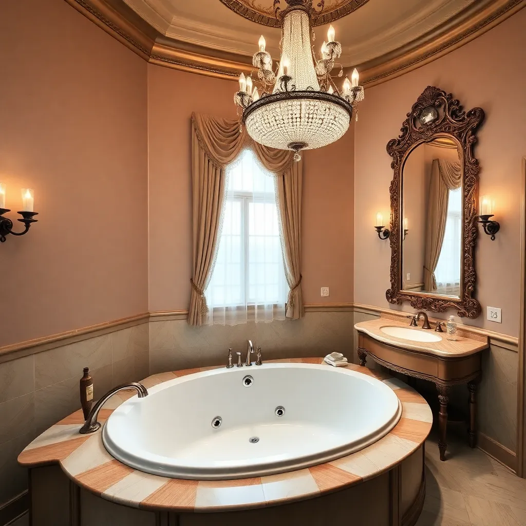 Luxurious bathroom with large bathtub, ornate mirror, chandelier, and warm lighting
