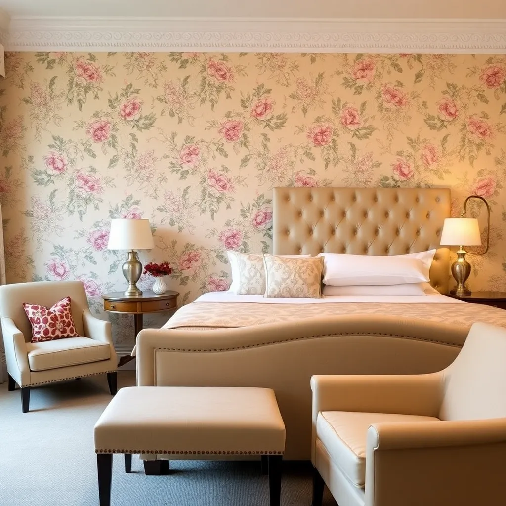 Elegant bedroom with tufted bed, patterned wallpaper, armchair, side table, and lamps