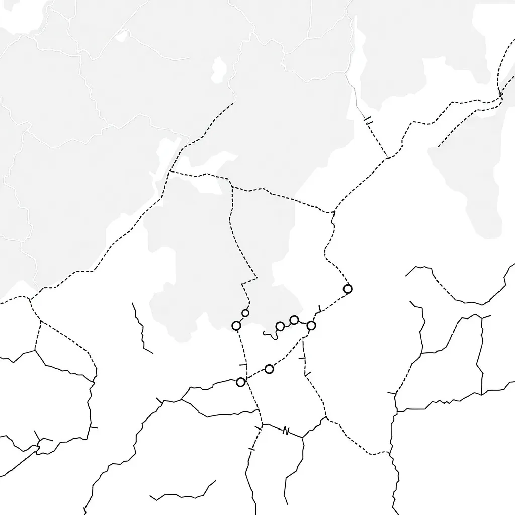 Black and white map with dashed lines and dots representing survey boundaries