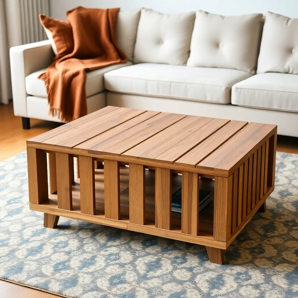 Wooden slatted coffee table on a patterned carpet in a modern living room with beige sofa and a brown throw