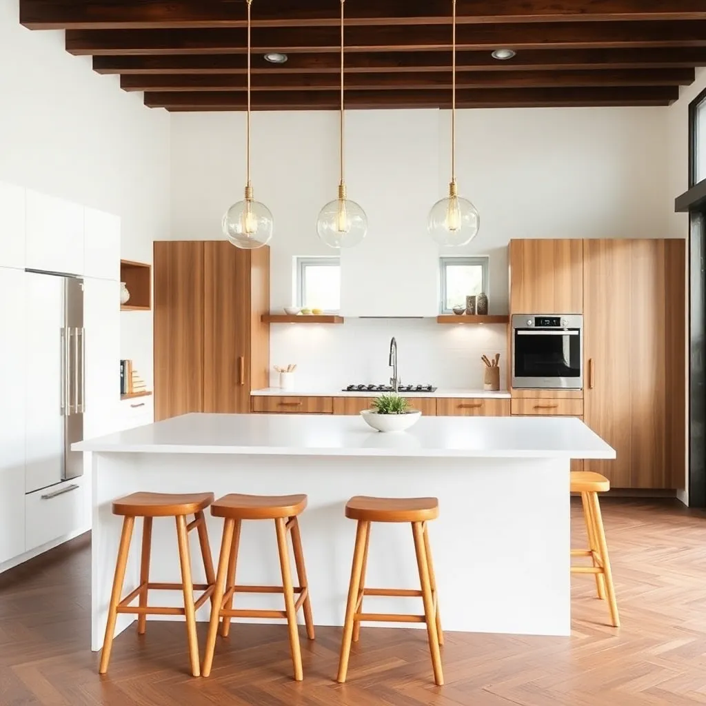 Modern kitchen with white island, wooden stools, pendant lights, and wooden cabinetry