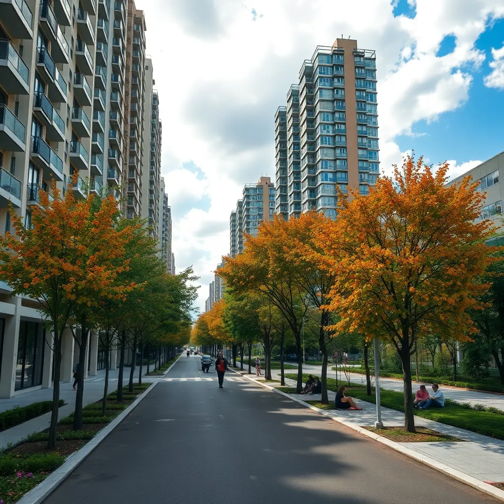 Urban landscape design showing a wide pedestrian street with trees, orange-leaved trees, people walking and sitting, surrounded by tall residential buildings under a partly cloudy sky