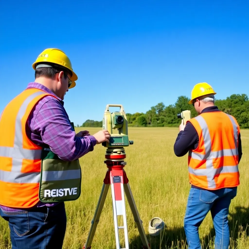 Two surveyors in safety vests and helmets using surveying equipment in a grassy field with trees in the background under a clear blue sky