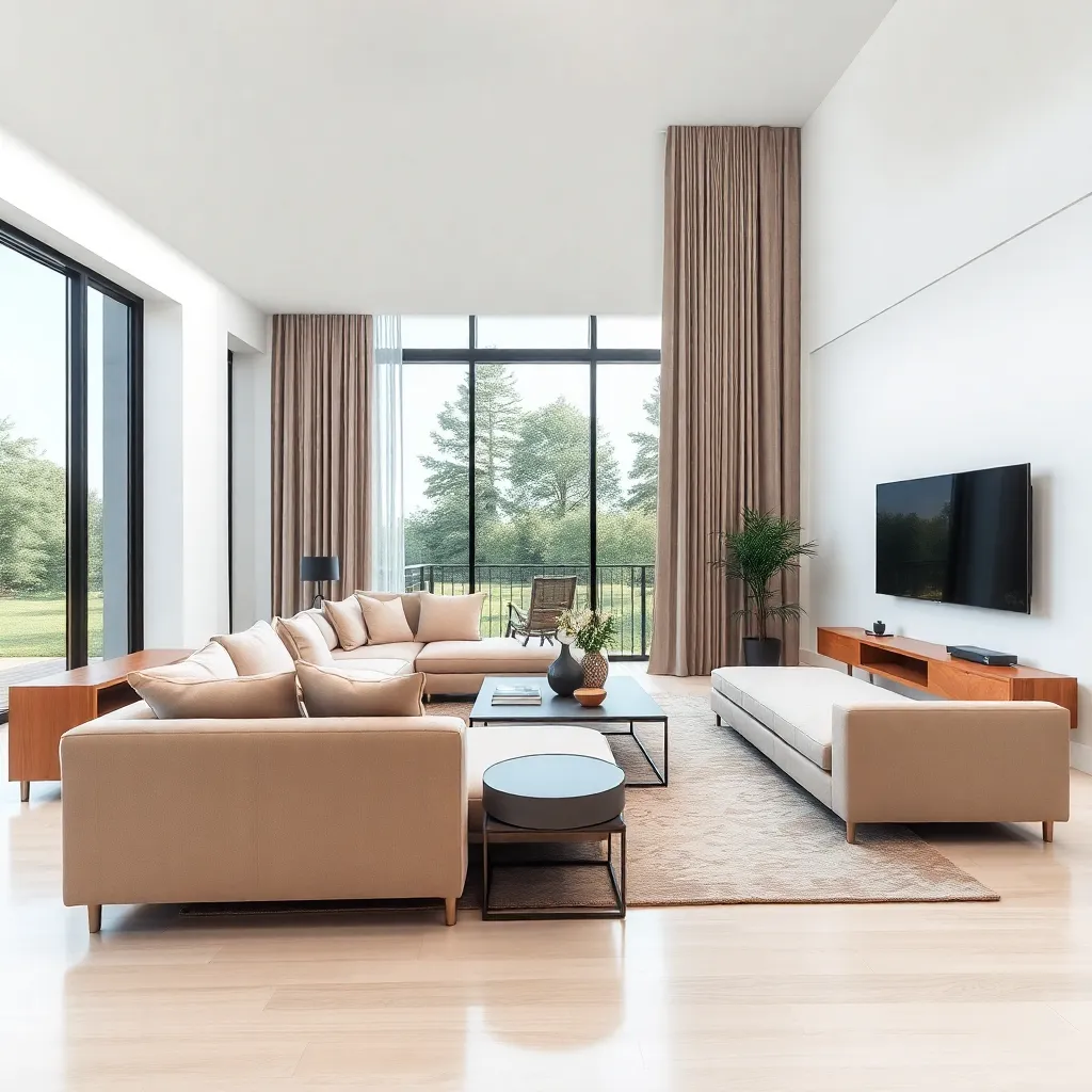 Modern living room with beige sectional sofa, coffee table, large window with curtains, and TV mounted on wall