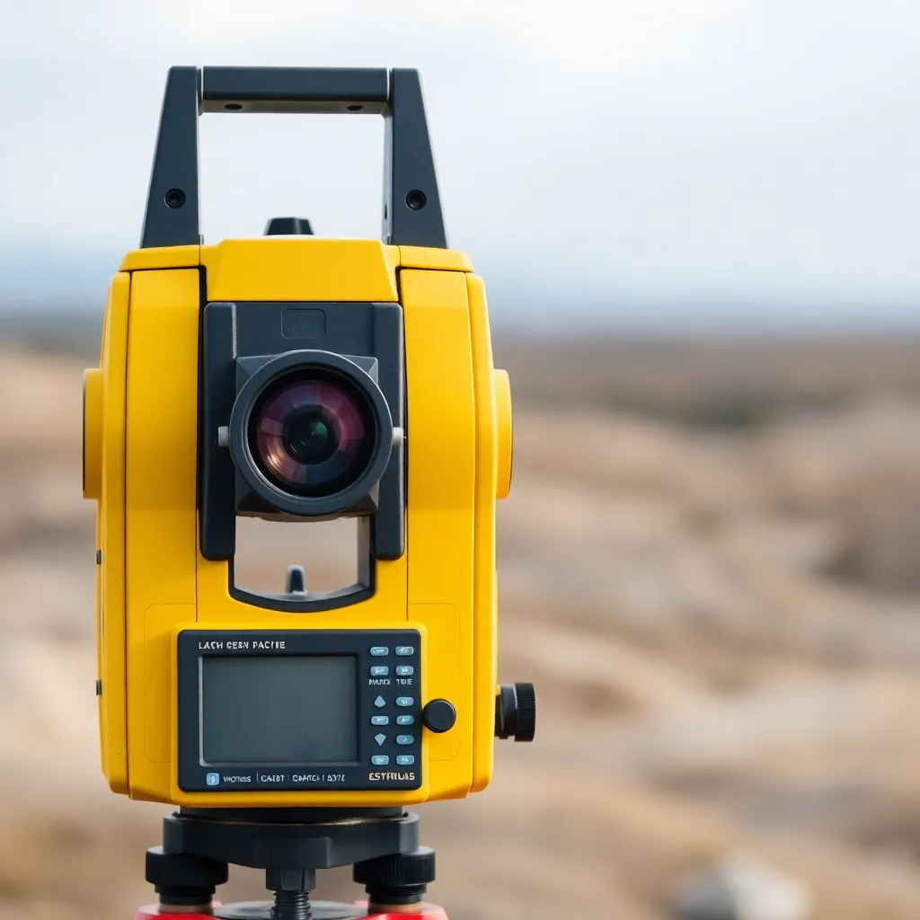 Yellow and black total station surveying instrument with a digital screen and lens