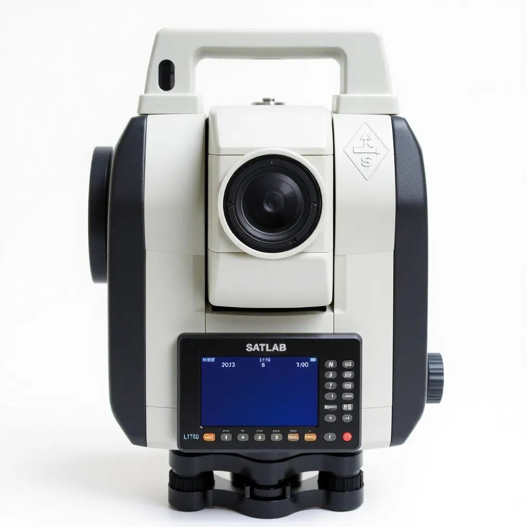 Satlab SLT10 manual total station device with gray and black body and screen