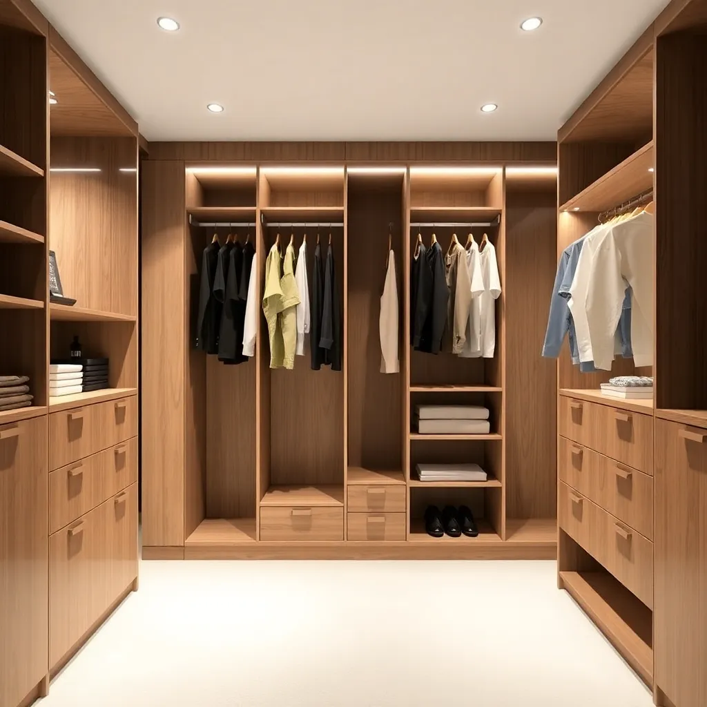 Spacious wardrobe and cabinet design with wooden shelves, hanging clothes, drawers, and seating bench